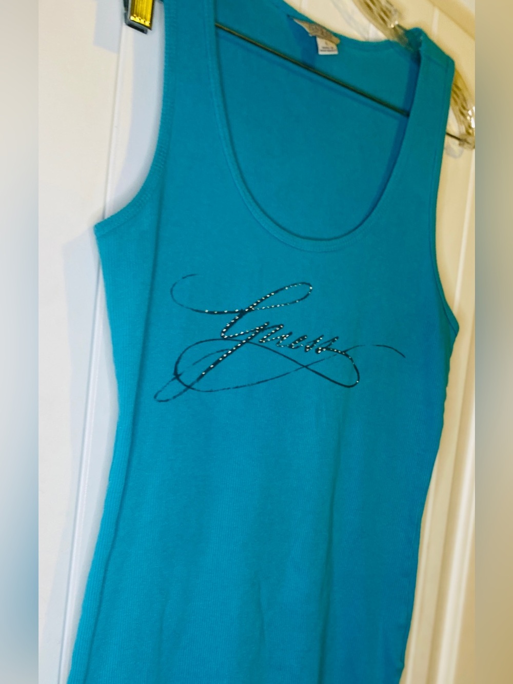 Guess Y2K  Ribbed, Teal, and Rhinestone Script Tank Top
